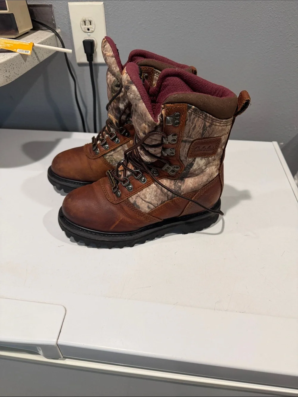 Cabela's Iron Ridge Brown Leather & Camouflage Kids Boots with Maroon Lining